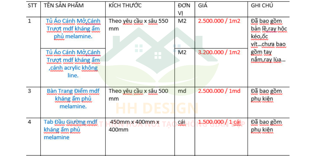 Báo giá thi công nội thất phòng ngủ gỗ công nghiệp cốt thái lan cao cấp