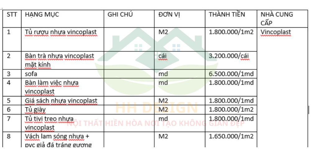 báo giá thi công nội thất phòng khách nhựa vincoplast
